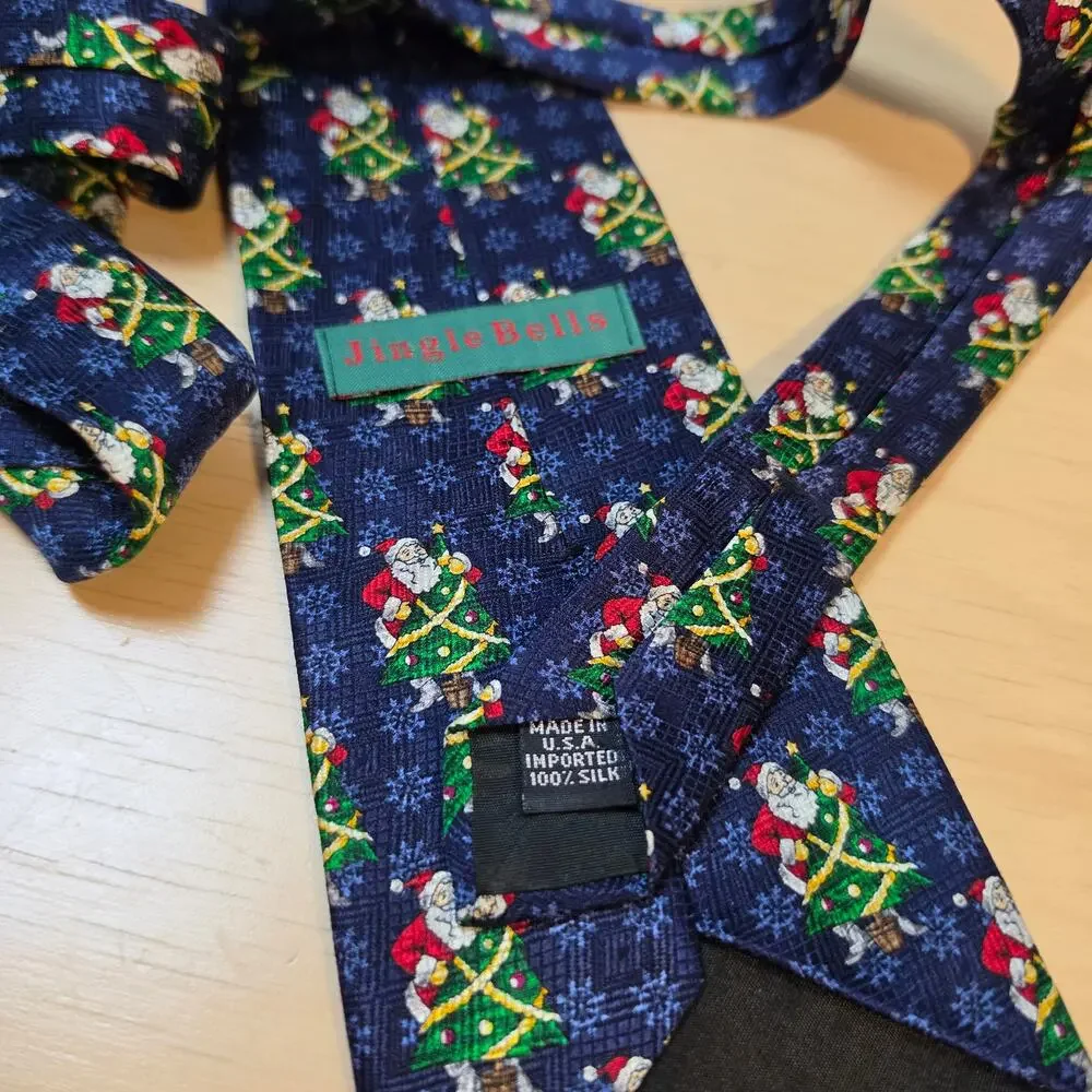 Vintage Jingle Bells Mens Silk Christmas Tie Navy Blue Santa Claus Necktie
